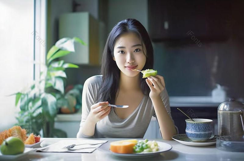 年轻女子吃美味早餐生活类摄影,高清,摄影图,摄影图片,图片大全,摄影图免费下载